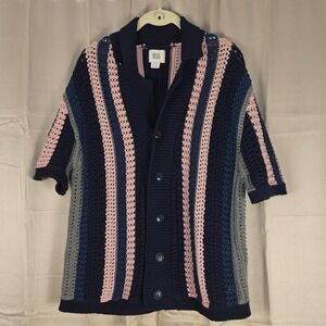 BDG Urban Outfitters Blue Striped Short Sleeve‎ Crochet Knit Cardigan Sweater Lg